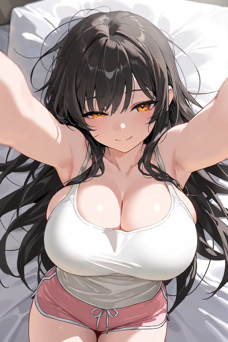 nsfw,1girl,Solo,upper body,black hair,red eyes,bare breasts,Criss Cross,Bikini,big breast,attractive,masterpiece,best quality,very aesthetic,absurdres ,front view,looking at viewer