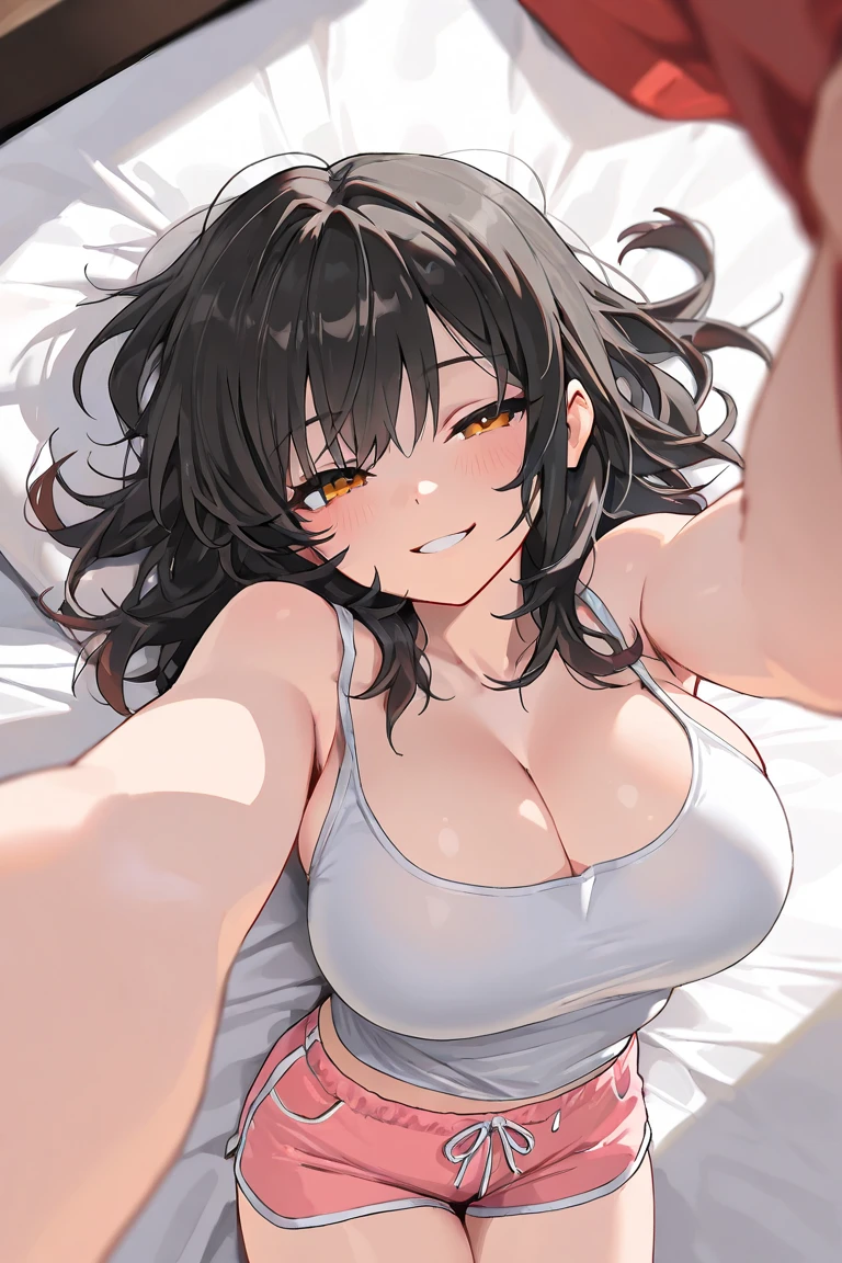 POV、Beautiful woman with brown hair in grey shorts and bra、Lying next to you in bed、Angle from above、beste-Qualit、​masterpiece、８ｋ、Beautiful pictures, (red blush), ,NSFW、Holding back from peeing、Open mouth、put out the tongue、Steam from the mouth、Sweat from the face、Patience is the limit
