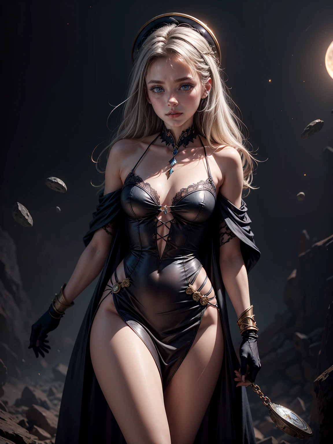 Name: Elysande
Eyes: One delicate lilac, the other deep ocean blue.
Cloak: Midnight velvet, woven with memories—a falling star, a forgotten kiss, and the echo of a lullaby.
Moonlight: Silver bathes her, craters become constellations.
Camera: Once held, now abandoned; it captured souls. (ultra high quality fantasy art, ghothic dark fantasy style, masterpiece, ultra high quality character design, 8k quality anime art, realistic anime art, top quality wallpaper illustration, detailed ultra high quality accurate face, high quality design and accurate physic)