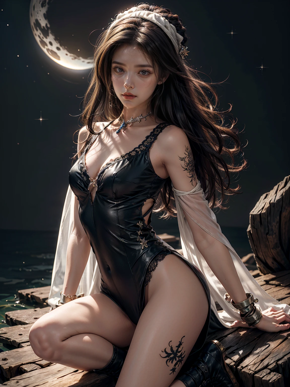 color illustration, queen of Moon, pure female, wearing black lace brassiere, long loincloth, pearl tiara, pearl necklace. looking at viewer compassionately, symmetric face, symmetric eyes, chignon black hair, pale skin, small bust, narrow waist, thin abs, thin throughs, under the moon, june comic art style, art by Osamu Tezuka