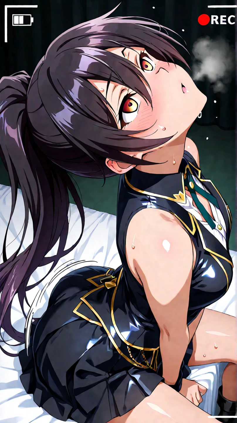 NSFW,1 girl,Konno Yuki、hair band、Long Hair、Pointed Ears、Purple Hair、(Red Eye:1.5)、Purple leotard,High leg,Leg spread,(Perfect hands),(Perfect Anatomy),(masterpiece),(highest quality),Tattoo,Leg spread,(Ecstasy face:1.5),(orgasm:1.5),One man,Having sex,Hollow Eyes,train
