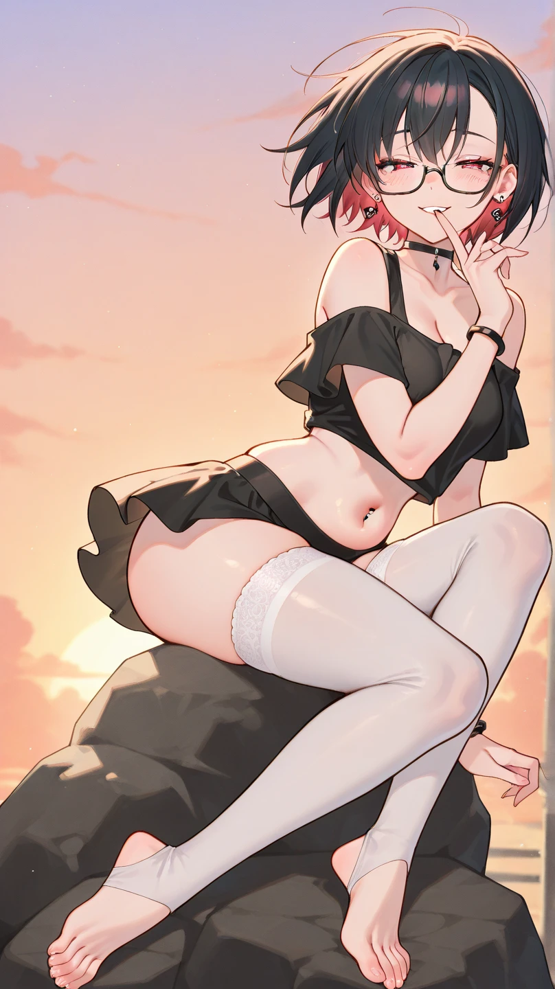 US,US One Piece,1girl,solo,Purple short hair,Green eyes,Shy expression,blush,Black choker,白色无袖Tight Fit上衣,Black ribbon around neck,Black high waist slit skirt,White long lace stockings,White stockings,Standing posture,Low angle view, Feet from, , Sexy pose, Sexy thighs, Bent Legs, Tight Fit, Soft thigh skin, Beach Background, Seaside view, Sunshine above, Anime style, High contrast, Detailed lines, Soft lighting, high resolution, High Detail,High Definition、Complex shadows、Realistic textures、smooth transitions