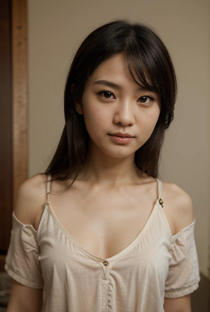 best quality, face focus, soft light, ultra high res, (photorealistic:1.4), RAW photo, 1japanese girl, solo, cute, smile (pupil, lights in the eyes), detailed beautiful face, (small chest),(high resolution detail of human skin texture), (casual hair style), in tokyo, (portrait)
