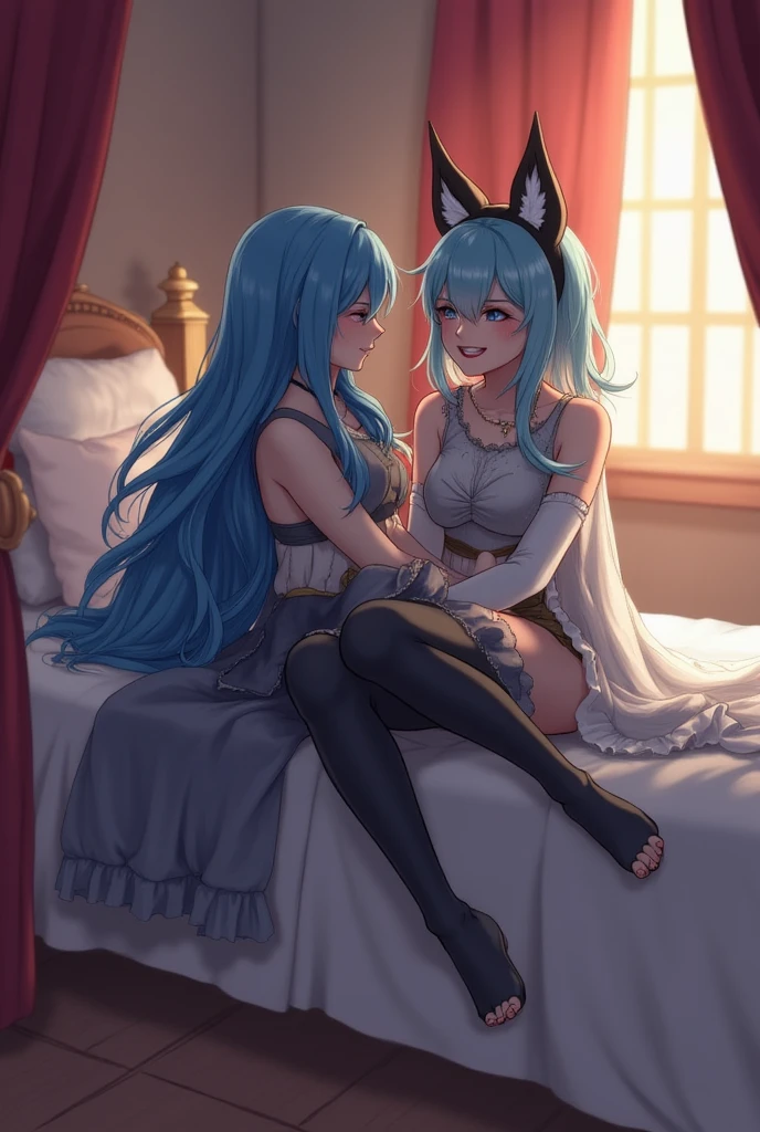 ( Shark, furry, anthropomorphic), female, bedroom background, inside, wearing tight black panties, wearing tight black bra, Furry art, furry arms, big grey shark tail, Big floofy tail, black fur legs, (blue skin, whole body, Best quality, human like body figure), Noon, blue hair, wearing glasses, Bigger thighs, Bigger chest, blushed, gas air effect, hearts, sitting on lap, leaning down, kissing, laying down, on bed, 1 hand on females chest, 1 hand between females legs