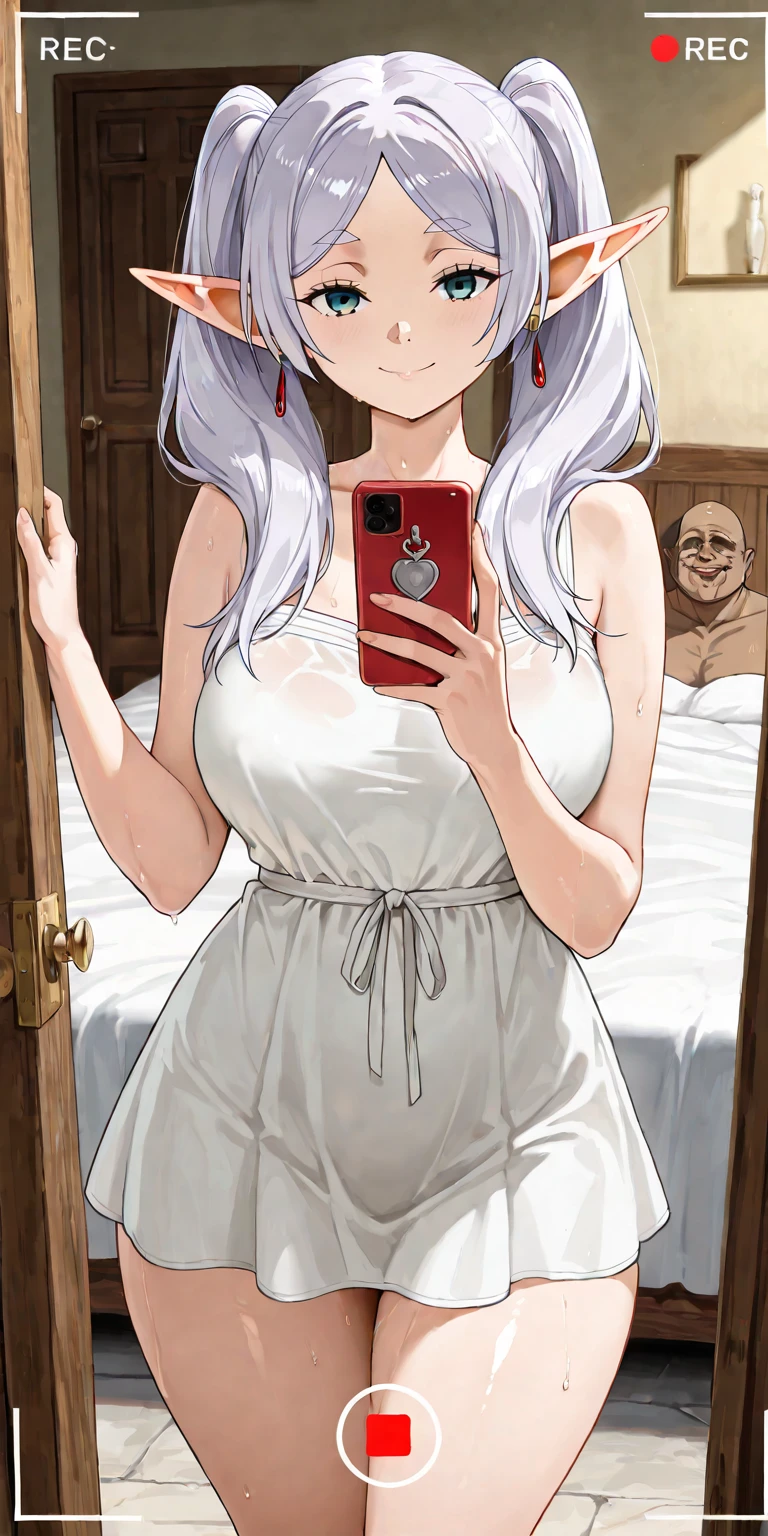 holding phone, covering the nipples, covering groin, mirror, reflection, tight dress, royal style white dress with gold embroidery , curly hair, loose hair, brow, White hair, with beautiful light blue eyes, beautiful fur,Sun'rays, beautiful smiling, white hair,hair over the shoulders, Leprechaun, (Leprechaun earig breasts, mommy)