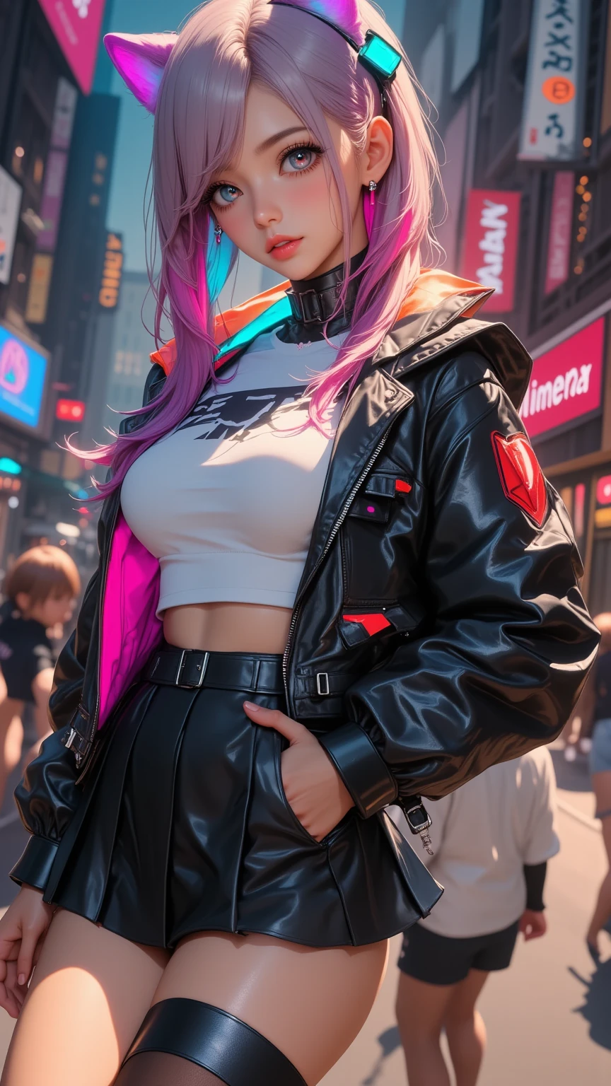 One girl, Gray Hair, Long Hair, Techwear masterpiece, highest quality, Realistic, Dark purple jacket, Portraiture, Fine grain, Wearing the headset, Platinum Hair, 21 year old girl, Fashion pose, Half Body, Wide shot, on the road, cyber punk,(((He has many tattoos all over his body)), (((Tight waist))), ((Big Breasts)),(See-through),panties