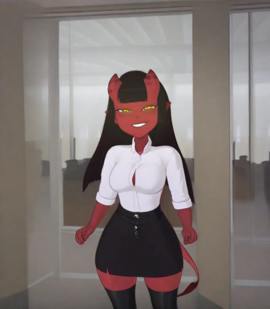 1girl,<lora:MeruSkudbutt:1> MeruSkudbutt,1girl,solo,breasts,looking at viewer,smile,open mouth,shirt,medium breasts,short sleeves,:d,cowboy shot,shorts,teeth,midriff,indoors,hand up,bag,crop top,fangs,black shorts,between breasts,waving,red horns,holding strap,strap between breasts,indoors,living room,standing,