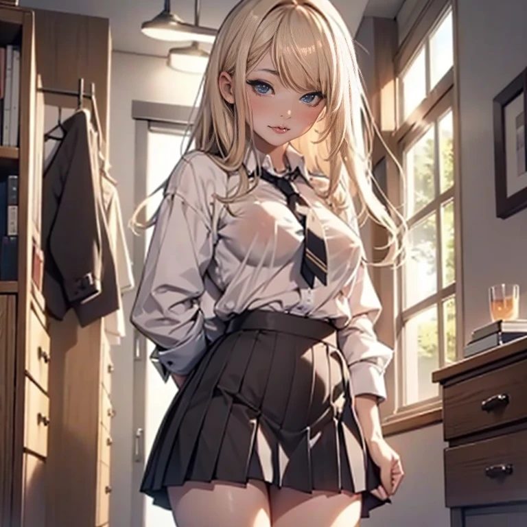 realisitic,photorealisitic,work of art,best qualityer,dark shot,1 girl,breasts big,white pantyhose,white  shirt,skirt short,Inside the house,full-featured_cos,, work of art, best qualityer,