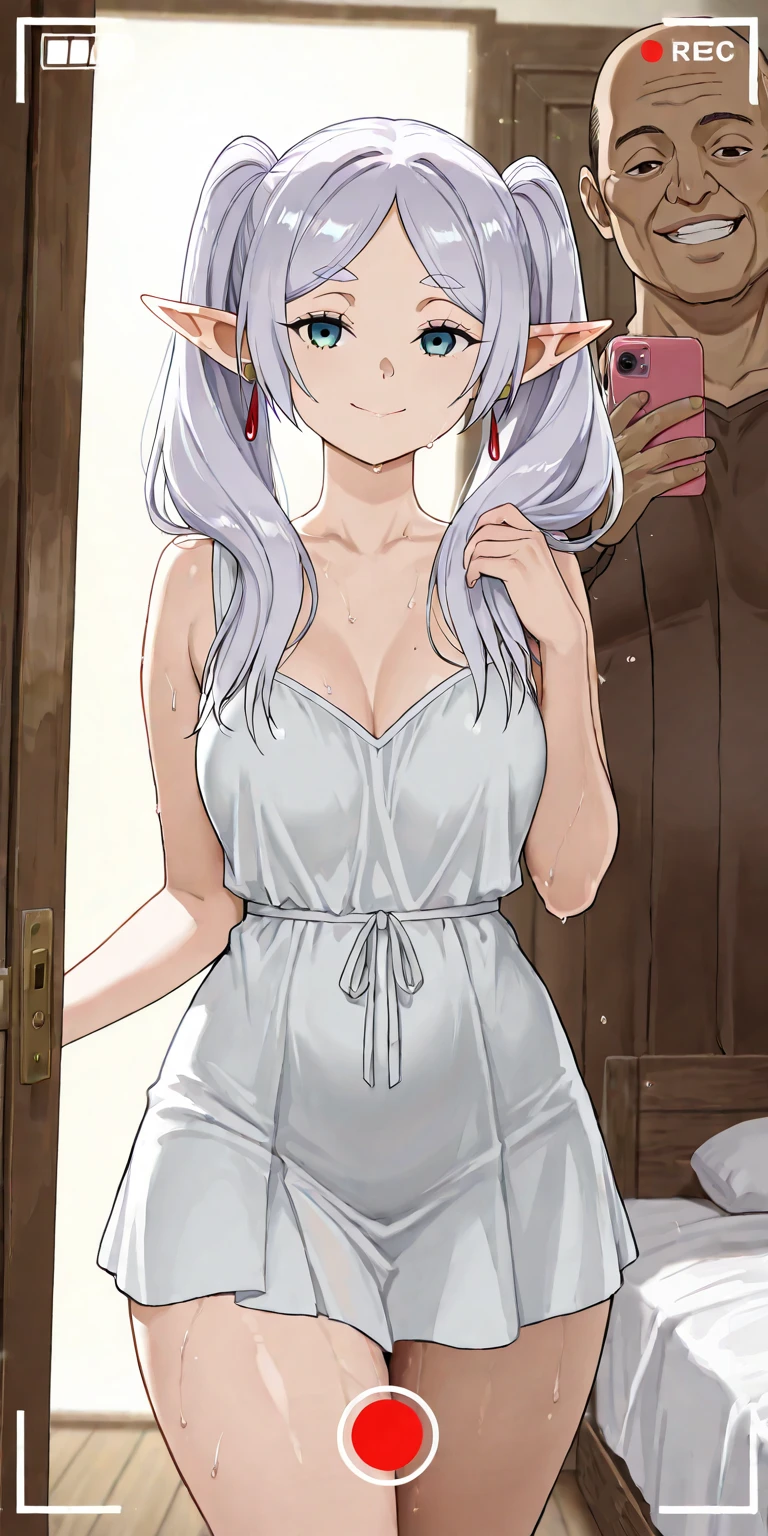 sitting at toilet, grabbing her breasts pose, using white towel, infront of luxury toilet background, rossweisse, (1 girl), anime cels style, best quality, high resolution, 1girl, (medium breasts:1.2), beautiful face, grey hair, aqua eyes, long hair, rossweisse hair, hair ribbon, cowboy shot, blush, embarassed, looking at viewer
