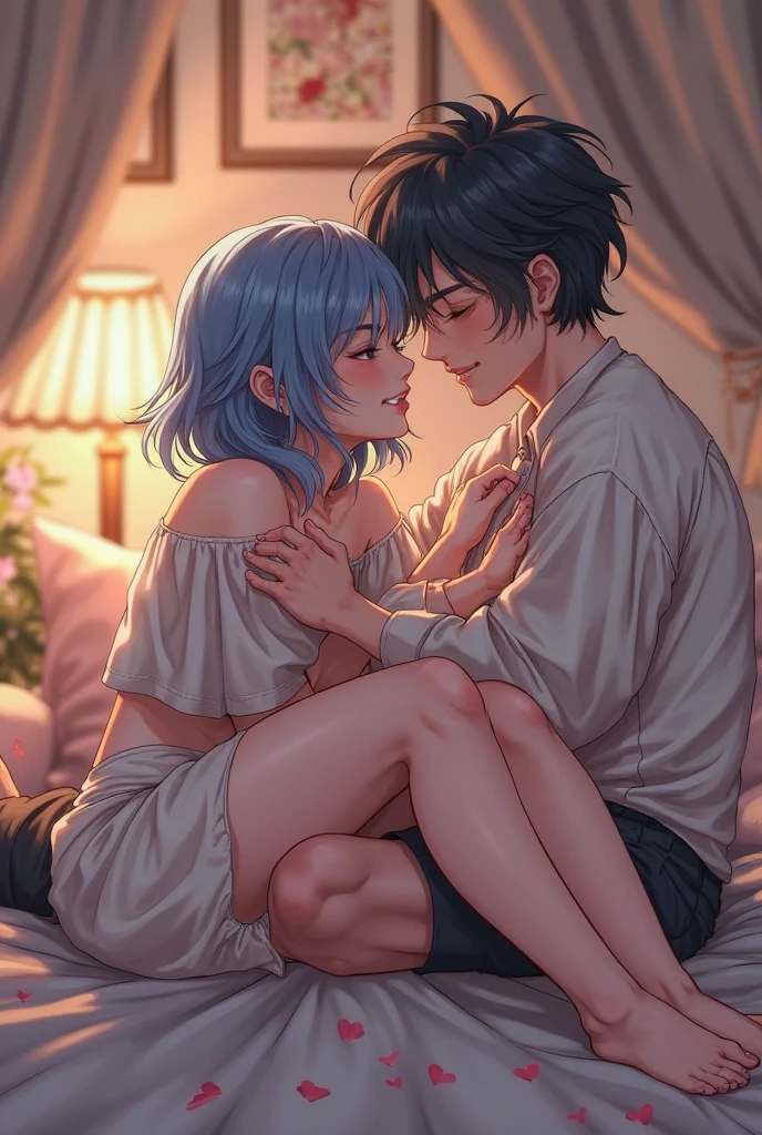 A girl with blue hair and wearing a top and shorts starts making out with a guy in bed the guy picks up the girl
They start to have sex