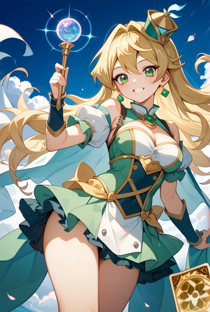 1girl, solo, elf, blush, ;o, small circular mouth, closed mouth, one eyes closed, large breasts, shera isekaimaou, hairband, green dress, cleavage cutout, belt, elbow gloves, green capelet, on bed, looking at viewer, lying, thigh gap, white high heels, arm up, arm behind head, full body