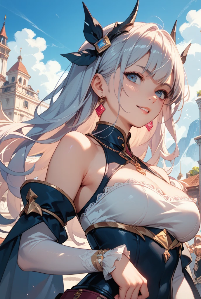 (((portrait))), ((8K)), (((Sitting))), ((Sectional Drawing)), ((portrait)), In the temple, ((((Character top only)), ((masterpiece)), ((Large Breasts)), ((Original clothing)), (Very高的图像质量), (finely detailed Eyes and detailed face:1.3), (Extremely beautiful:1.1), (Perfect details:1.1), shenhe_genshin long_hair, blue_Eyes, Bangs, hair_Exceed_one_Eye, Chests, hair_Decorations, Jewelry, grey_hair, White_hair, tassel, earrings, Very_long_hair, Weaving, Chest_curtain,Snow-white breasts(10.0)、巨Large Breasts(10.0),Deep cleavage(10.0)Smile,A charming smile(2.0)