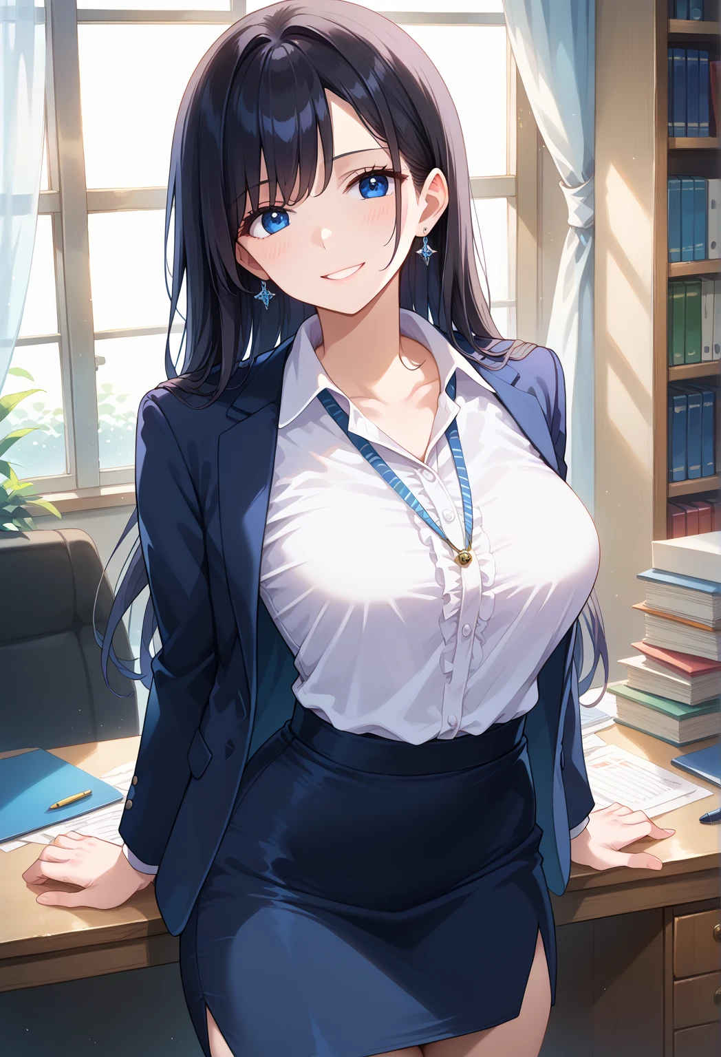 detailed illustration (side view),dynamic angle, ultra-detailed, illustration, clean line art, shading, anime, detailed eyes, detailed face, beautiful face, dramatic lighting, detailed illustration, dynamic angle, ultra-detailed, illustration,

Ultra HD, super high quality, masterpiece, detailed, 8K, The place is a business corner office, A office secretary in the room room,１Person sitting, hand singing documents, working at a desk, 30 year old female secretary, has long black hair, Has blue eyes, She has cow horns and a glamorous figure, The clothes she’s wearing are a camisole and a miniskirt, Knee-high, Pretty sexy, business clothes, anime girl, cow horns on head, cow ears, no human ears, anime woman, sitting in chair at desk, desk between her and viewer, handling viewer document. Sitting in chair behind desk, leaning forward onto desk, sunny farm outside window, smiling women, sexy business suit, large breasts, breasts resting on desk, no human ears, no headbands, cleavage on display, cow ears are her real ears
