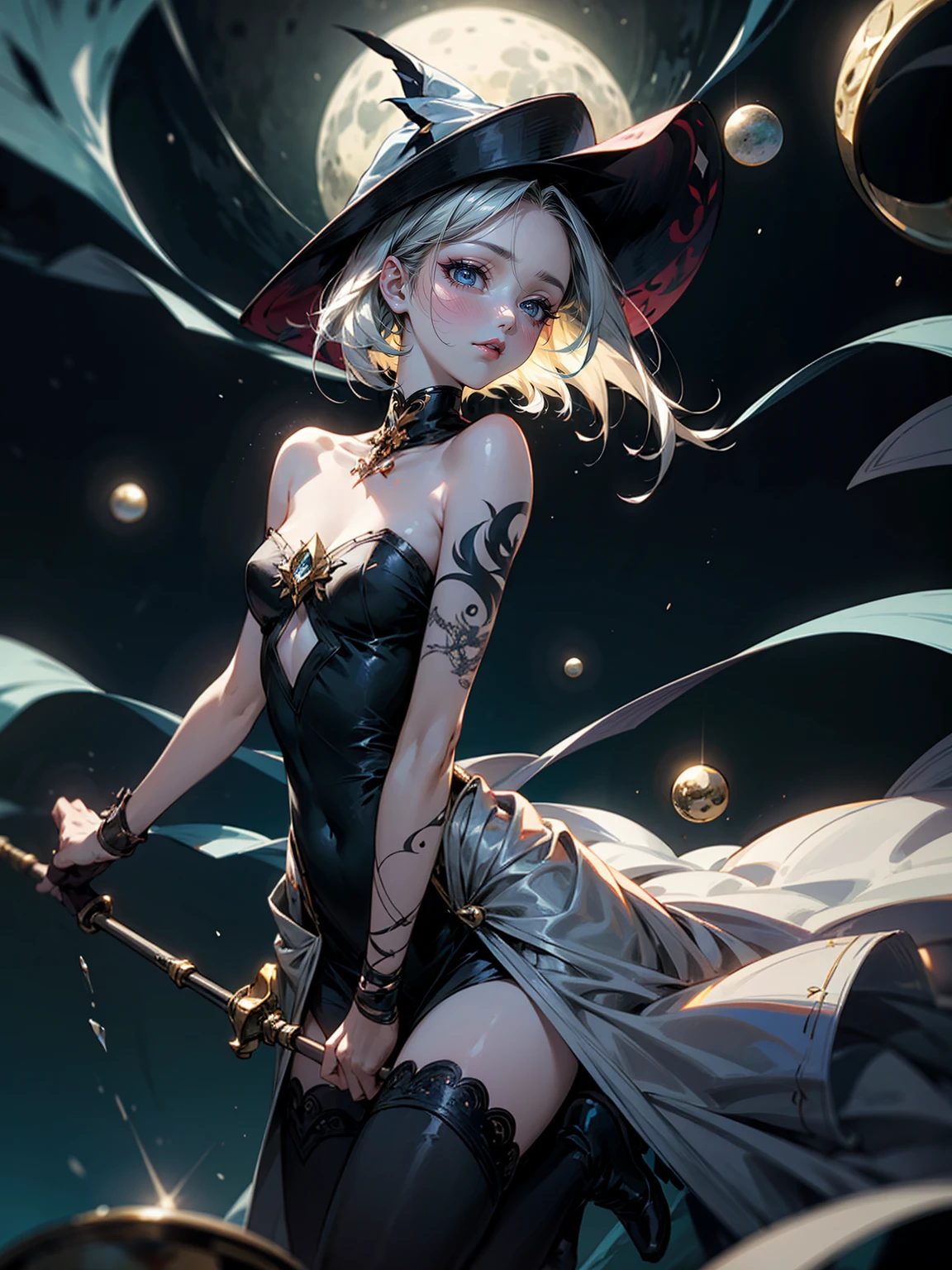 very high image quality, high quality, masterpiece, exquisite, 16k, anime illustrations, great proportions, white glossy short hair with splashes in places, messy hair, half-up knitting ponytail hair style, intelligent beauty, black glasses, sparkling blue big eyes, glossy pink lips, laugh like a prankster, happy, shy, huge breasts, slender, full body, tattoos, black corset dress with gold embroidery, singing a song, playing the star shaped electric guitar, microphone, live stage