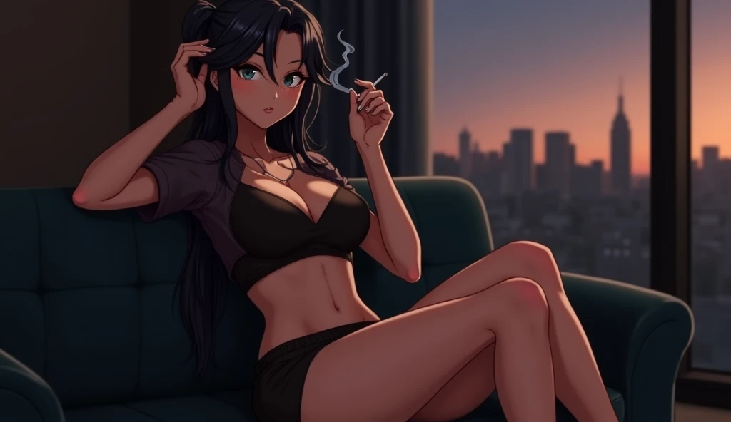 Masterpiece , best quality , Masterpiece , best quality , 1 woman , brown skin , long black hair , sly face , black bikini , abdomen , big breasts , Long legs , Barefoot , Lie down on the floor.. , spread your legs , sofa , office room