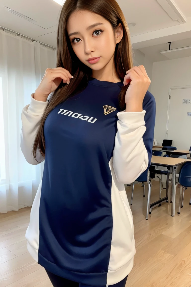 (Highest quality, 8K, masterpiece ), A 12-year-old junior high school student with a young face、Bun hairstyle、 Short Hairstyles、The eyes are large and clear、Large Breasts、Black Hair、Glamour thighs、White tight training shirt, Highly detailed face, double eyelid, Round face:1.2、whole body、Sexy thighs、Round face:1.3、Side angle,Diagonal horizontal angle:1.2、Tight shorts、From the back