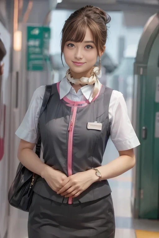 (masterpiece:1.2, Highest quality:1.2), 32k HDR, High resolution, (alone、One girl)、(At the station platform、Professional Lighting)、Empty train station platform background、(Realistic style of JR Gran Class crew uniform)、Short sleeve blouse、a scarf around the neck、(JR Gran Class flight attendant uniform with pink parts on the skirt sleeves)、(The uniform of a flight attendant in JR Gran Class has a pink line on the front zipper of the vest.)、Dark brown hair、(Chignon、Hair tied up)、Dark brown hair、Long Shot、Big Breasts、((Great hands:2.0)),((Harmonious body proportions:1.5)),((Normal limbs:2.0)),((Normal finger:2.0)),((Delicate eyes:2.0)),((Normal eyes:2.0)))、Big Breasts、Luxury Necklace、smile、Beautiful standing posture,Place your hands around your stomach
