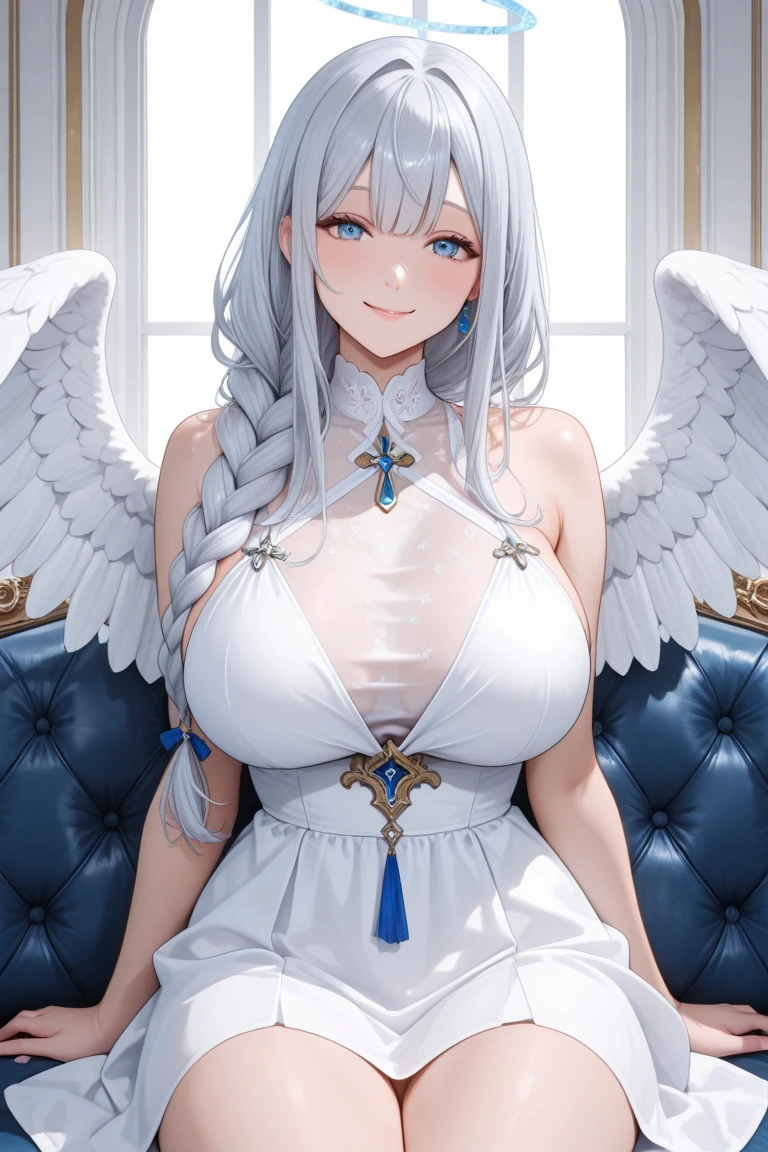 (((Masterpiece))), (((Highest quality))), ((Ultra-detailed)), ((Super fine illustration)), ((Ultra-fine painting)), ((16K highest quality wallpaper:1.4), (Upper body:1.6), HDR, Highly detailed and delicate illustration style:1.8, Detailed skin texture, Detailed cloth texture, Extreme detailed description, (Highly detailed face:1.4), (Highly detailed beautiful hair:1.2), (Highly delicate beautiful and clear blue eyes:1.2), (Highly detailed Large-Pure-white-wings:1.2), Original, Raw photo, Professional, Intricate details, Super details, Iridescent light:1.4, Perfect anatomy:1.4, Highly detailed hands, Highly detailed fingers, Highly detailed fingertips, (Sexy), (Sexy), (27-years-old), (Solo:1.8), (Beautiful Woman model Wearing Angel Blessing with Large Pure White Wings:1.4)) BRAKE ((Beautiful and well-shaped big breasts:1.2), (Very detailed and delicate beautiful shiny White hair that shines in rainbow-colors, colorful-hair:1.2), (Highly detailed and delicate White hair:1.2), (Beautiful and Clear Blue eyes that shine with great detail and delicate:1.2), (Highly detailed and delicate Blue eyes:1.2), (Large-Pure-white-symmetrical-wings:1.4), Beautiful and well-shaped buttocks, (Highly detailed face:1.4), (Smile:1.4), (Blush:1.3), (Looking at viewer:1.4), (Dynamic pose:1.2), (Celebration:1.4)) BRAKE ((A divine and extremely beautiful and intricate cleavage mechanical armor dress:1.4)) BRAKE ((Descending the marble stairs leading to the cathedral at midnight:1.2), (The cathedral shining magically in the moonlight:1.2), (In the cathedral Stained glass that shines beautifully in the moonlight:1.2)) BRAKE (Concept-Art), (Detailed science fantasy art), (Cyber-punk) BRAKE (Highly detailed and delicate background:1.2) BRAKE (NSFW) BRAKE