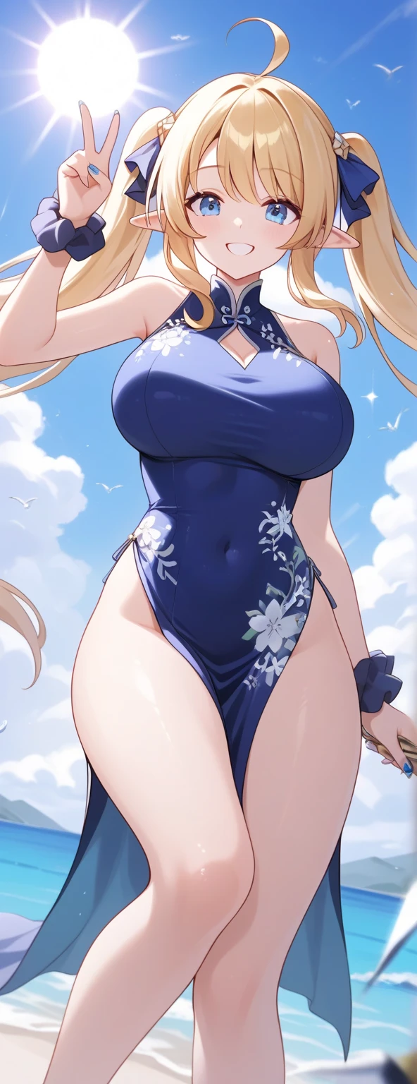 (4k, Prominence in Masterpiece, High Quality, Best Quality: 1.2) full body, 1 child female, solo, 1 girl, lustful smirking smile blush, looking at viewer, sitting on chair with legs crossed, big black thighs stocking, big breasts (cover with blue) ((SFW)), hands on hips, wide hips, blonde long hair, blonde drill hair, blonde twin drills hair, blue wizard hat, Handcuffs on their hands, With a collar around the neck