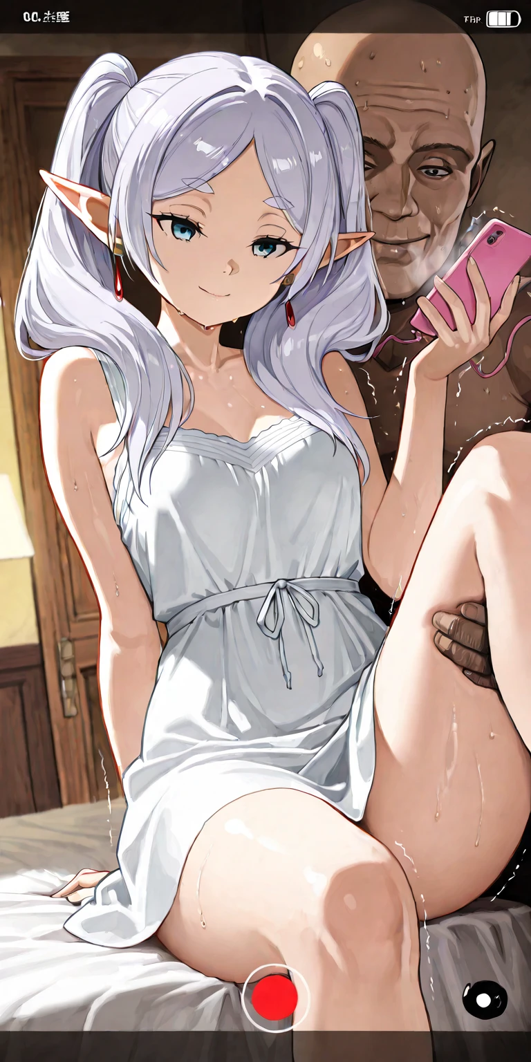 Hibana, 1girl, solo, portrait, smile, cleavage, laying down on bed, ((white strapless lace lingerie)), blush, perfect quality, good quality, masterpiece, HDR, UHD , big breasts, grab breasts, grabbing breasts, bouncing breasts, breasts out, nipples
