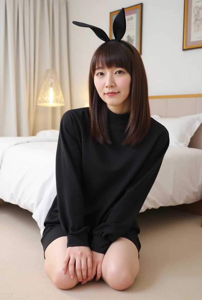 1 female,beauty,Beautiful Face,smile,polo neck bodycon dress、Grey clothes、one piece、(No sleeve:1.4),(Tight fit:1.3) 、,A dignified appearance,Plump Style,,(Saggy breasts:1.3)、(Peeking into this、Front view),Focus on the chest,Ultra-realistic,Ultra-high resolution,highest quality,8k,masterpiece,(Hotel Indoor、Shooting in bed:1.3)、The cutest Yoshioka Riho