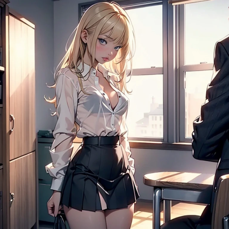 (masterpiece, best quality), beautiful girl, uniform skirt (detailed beautiful eyes) underwear, black pantyhose, full body shot, visible bellybutton, blonde hair