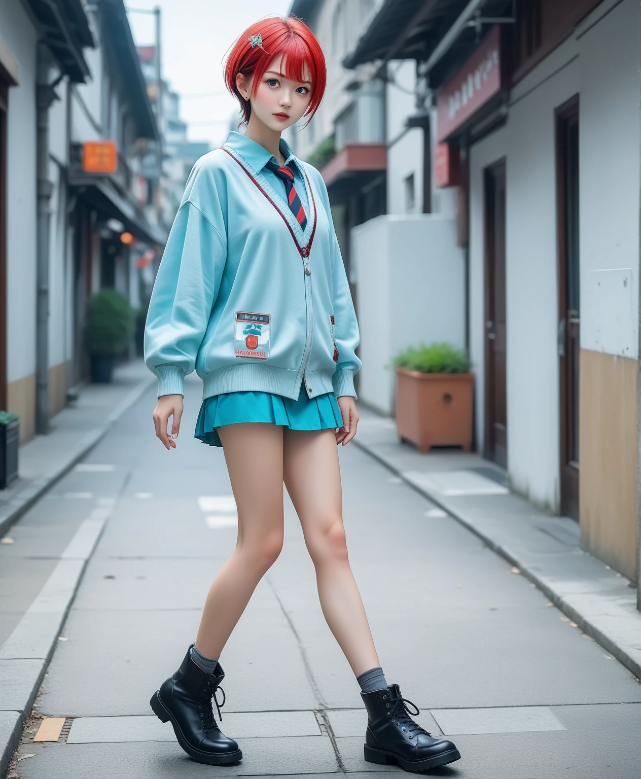 highest quality, masterpiece, One Girl, solo, Red gradient striped hair, short hair, Gray Hair, Lily(Waka), Black Beret, Checked skirt, choker, Cyan Sweater Jacket, Collared shirt, black plaid tie, Sleeves are longer than your fingers, Blunt bangs(((dramatic)))、(((Grainy)))、(((intense))))He appears as a central character in the movie poster.。The girl in the center of the poster is shy.、アイドルCostumeを着て、He has a determined look on his face.。backgroundは暗くて荒い、I feel drunk。テキストはBoldで目を引く、Catchy slogans add to the overall drama and excitement。The color palette is dominated by dark colors..、Light colored dots々、Create dynamic and visually impactful posters、Tachi- e(magazine:1.3)、(coverスタイル:1.3)、solo, Red gradient striped hair, short hair, Gray Hair, Lily(Waka), Black Beret, Checked skirt, choker, Cyan Sweater Jacket, Collared shirt, black plaid tie, Sleeves are longer than your fingers, Blunt bangs、Fashionable、Vibrant、Costume、Pause、front、colorful、dynamic、background、element、Confident、Expressive、fail、statement、Attachmentajestic、Coiled、Surroundings、touch、scene、article、cover、Bold、to attract attention、title、Low Fashion、font、Catchy、title、big、to attract attention、Modern、 trend、concentrate、stylish、One Girl,Tight Skirt