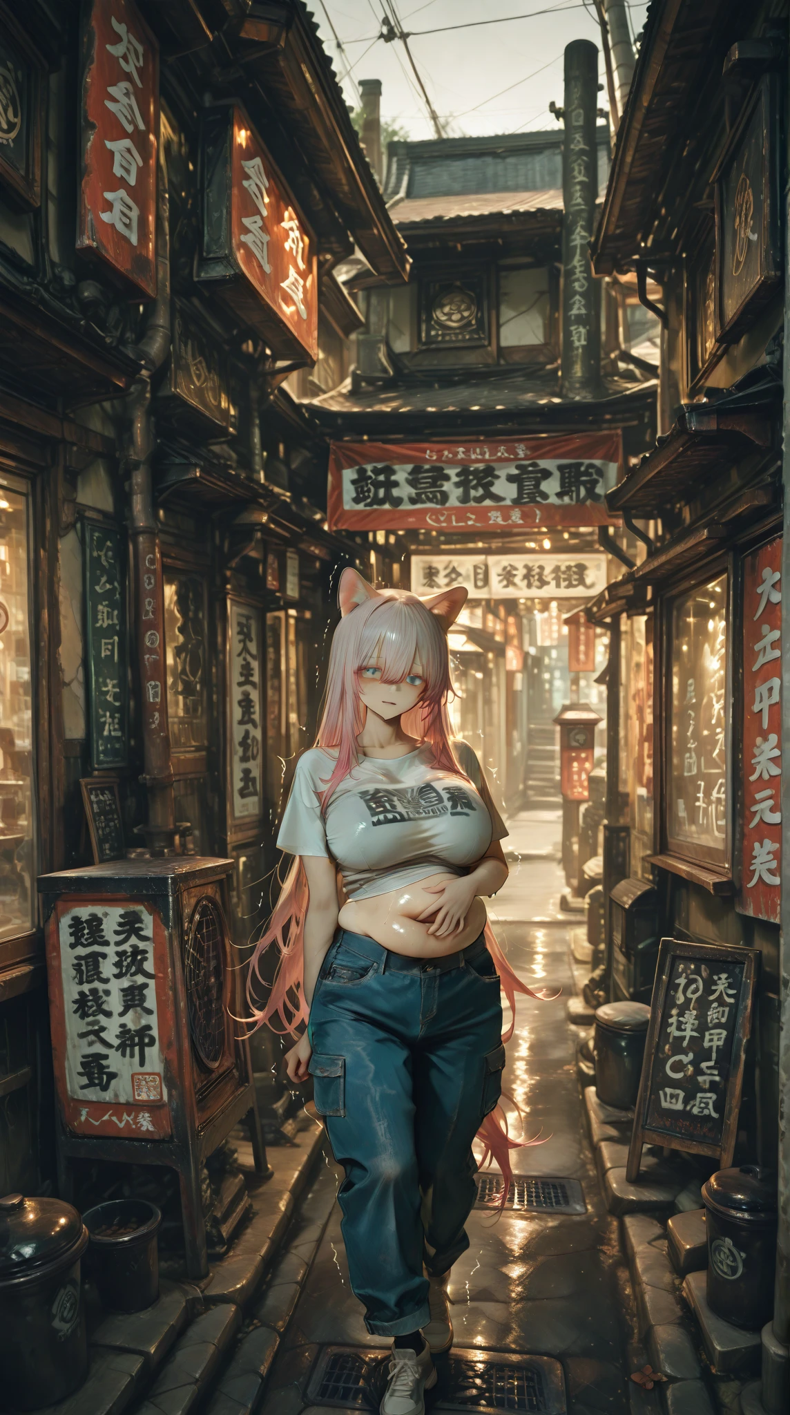 Tokyo, Kabukicho, long hair fluttering in the wind, pink hair, high definition, naked