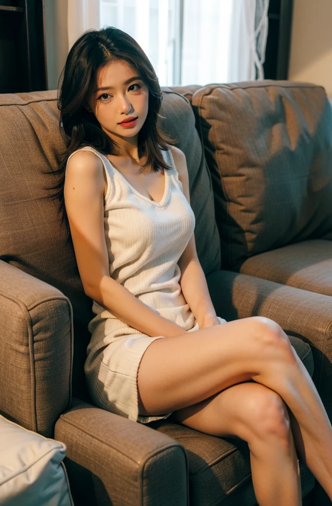 masterpiece, best quality, ultra-detailed, intricately detailed hyperdetailed, realistic, sharp features, highly detailed, sharp focus, Realistic, Photorealistic:1.3, (20 years old:1.3), perfect face, perfect symmetrically eyes, perfect full lips, hyper detailed, hyper realistic, high resolution, Fashion Model, Japanese Idol, Slender, brown hair, Stylish, Beautiful Face, light brown hair, messy hair, Beautiful hairstyle, (white dress shirt:1.3), (black panties), (kneeling), Bed, (looking at viewer), upper body, (high angle shot), cinematic lighting, blurred background, (from below, white ceiling, thigh focus:1.2), (straddling1.1),