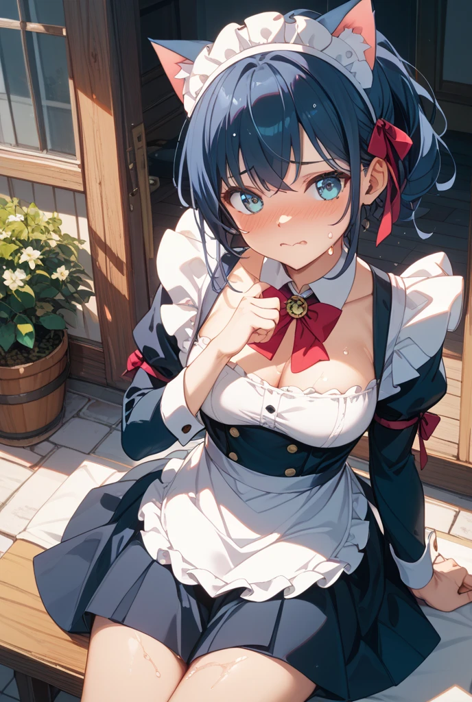 (Original Character、Unity 16K Wallpaper, Masterpiece, Best Quality, Ultra-Detailed, Extremely Detailed CG, Caustics, Cinematic Lighting, Detailed, Beautiful Detailed Eyes, solo,sexy women), Ultra High Resolution, fine skin, (maid, maid apron, maid headdress), (strong light), (making tea:1.4), oily skin,curby:1.2,sexy women, wavy hair, large breasts, blue hair, shot from below, foreshortening
