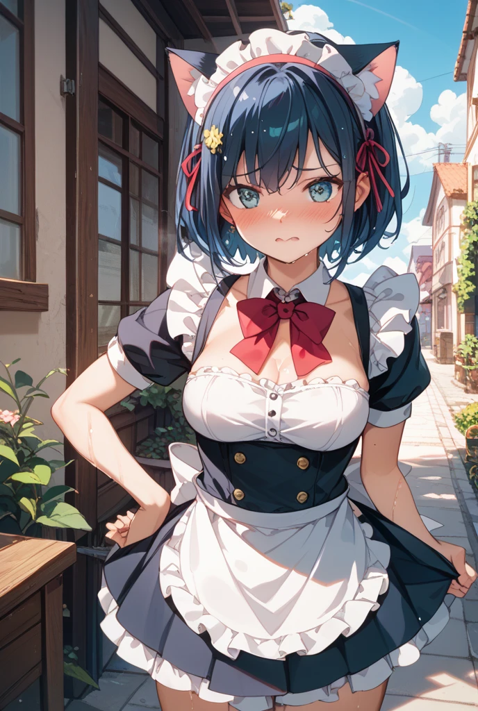 1girl, solo, breasts, looking at viewer, blush, short hair, blue eyes, hair ornament, dress, ribbon, medium breasts, blue hair, hair ribbon, outdoors, detached sleeves, sky, day, hair over one eye, apron, blue sky, maid, maid headdress, x hair ornament, pink ribbon