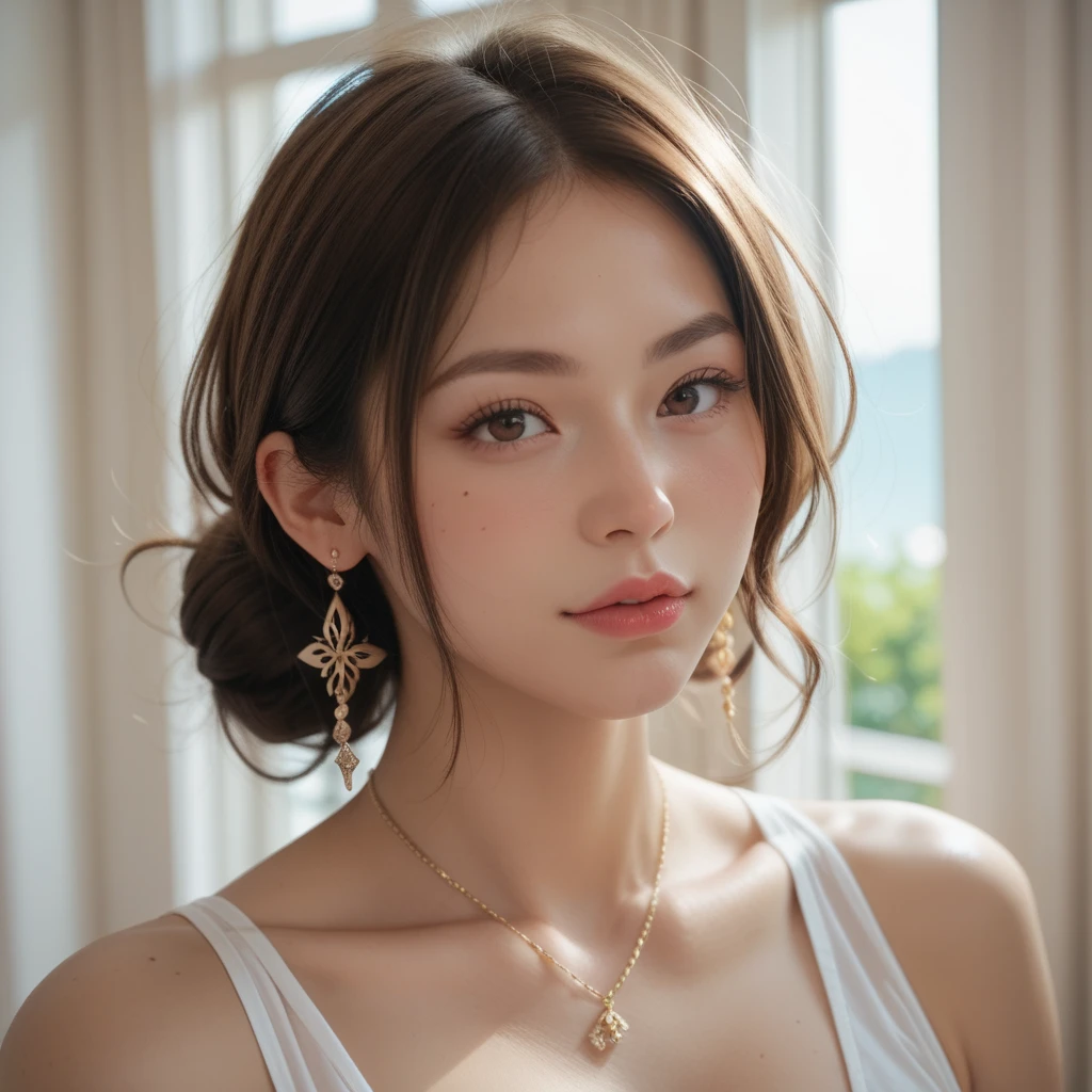 (8k, highest quality, masterpiece:1.2), (Real Stick, Photorealistic:1.37), unit, Very delicate and beautiful, Very detailed, Amazing, Exquisite detail, masterpiece, highest quality, Official Art, disorganized person, Unbelievably absurd, Beautiful single girl, Facial Light, Red nose, ((One Girl)), Red lips, short hair, Beaver_cut, Straight Hair, necklace, Earrings, Mid-ed, Cleavaing Skin, Outdoor, Professional Lighting, Detailed Shadows, ((show off nipples under hirt))