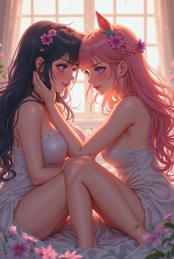 Best quality,Amazing,Masterpiece,Delicate,超高分辨率,Ultra detailed,intricately details,Beautiful detailed,8K resolution,(Extremely detailed Cg Unity 8K wallpaper),Sharp focus,((No text)),breast conscious,Huge bare breasts,Areola bareness,Bare breasts explode,Lively bare breasts,Bare breasts,Micro Bikini High transparency and transparency bikini,,Tongue stock,Makeup,cheerfulness,Reflectors,ahegao,Pink eyes,Heart earrings,2girls,Female pervert,view the viewer,hair flower,Long hair,multicolored hair,Shiny hair,Barefoot,Bottomless,Thick thighs,Bare legs,Look at each other from the front、((Feminine kiss))、(((French kiss for women)))、Women hugging each other,As if pushing each other、Staring at each other、Moist eyes、half-open lips、Beautiful、Red blush(0.2)、Functional、seductiv、Trance、instigate、Beauty、bustup、Shunguang、、Shoot diagonally down from the front、precise drawing、Detailed drawing、Precise anatomy、