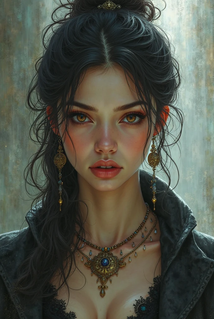 1girl, waist up, art by Ian Davenport,art by Cecily Brown,  concept art, Portait of a Moody [shu qi:Jennifer Lawrence:5], wearing Eclectic Fur Fringe top, Ruff, Anklet, Makeup, Cosy, loop lighting, 80mm, official art, unity 8k wallpaper, ultra detailed, aesthetic, masterpiece, best quality, photorealistic