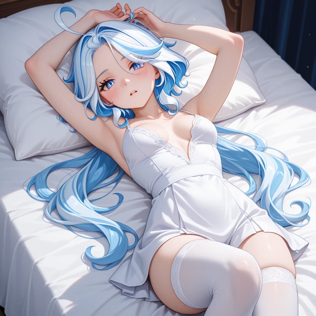 (Best Quality,High resolution,8k,finelity detailed background,Masterpiece:1.2),beautiful girl,Shiny light blue hair,messy hair,Light blue eyes,Gentle look,A refreshing look,Best quality,Best Quality,Aesthetic and aesthetic:1.2,Best details((Super detailed))(High-definition CG illustrations),White underwear (white,intricate lace),Slender body,Late Night,Moonlit Night,Bedroom,On the bed,smile,blush,cute,Scrounge,Looking up,Being spoiled,super model,on back,shoot from above