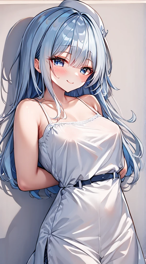 beautiful mature female，silver long hair，blue eyes，short camisole，crop shirt，Off shoulders，breast，white，Art， anime，illustration