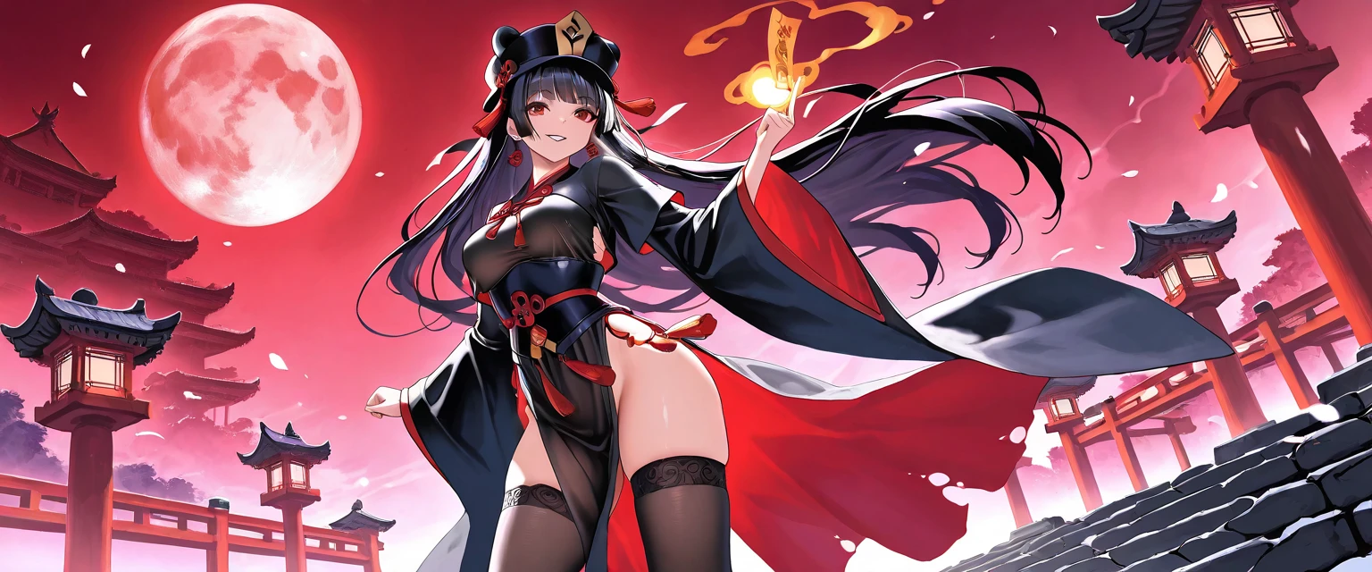 Solo,cleavage, haori, thick thighs, outstanding details, blood,big breasts ,moon, kimono, parted lips, katana,scar on chest,standing,