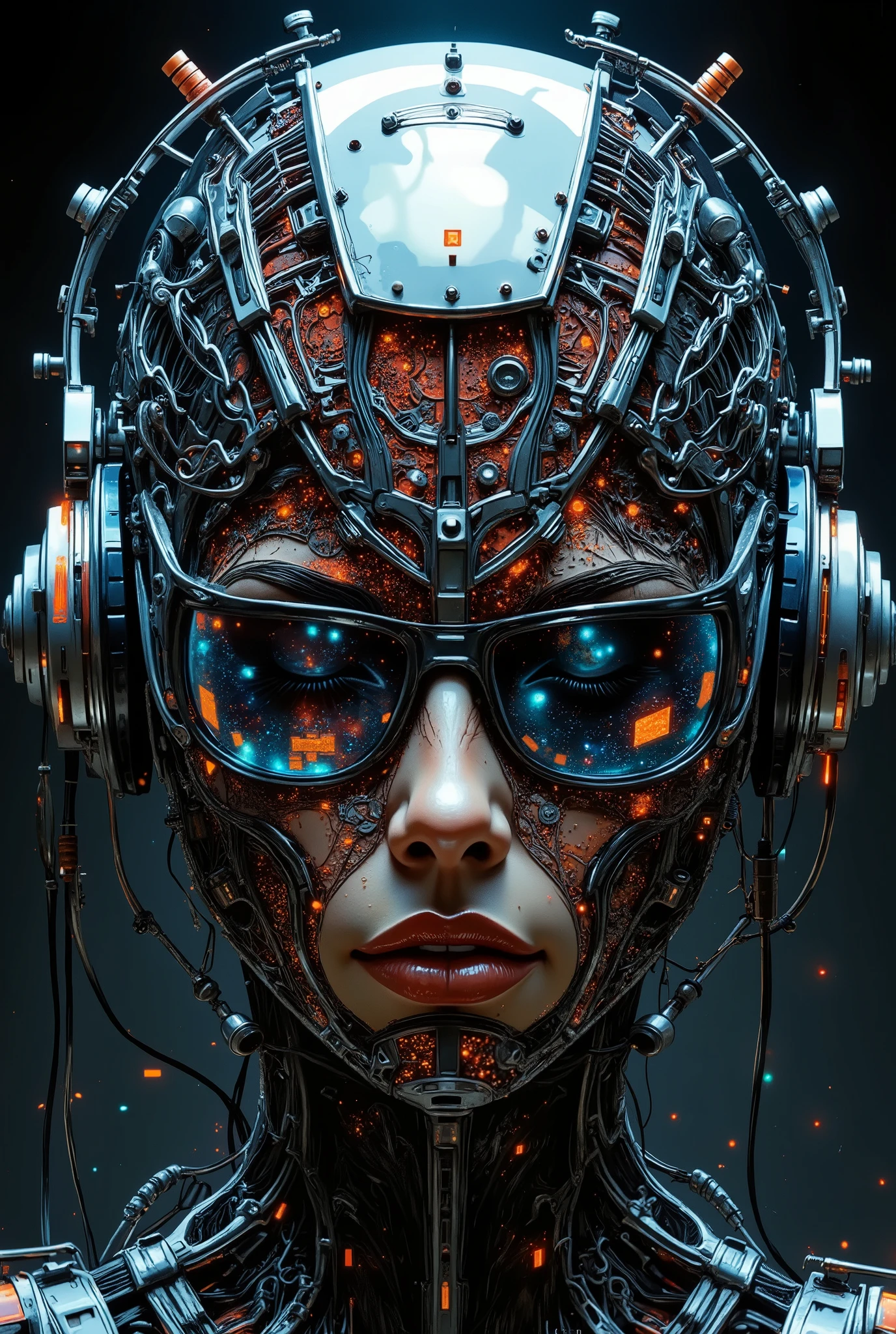 Head of a woman half sideways with a slight smile, composed entirely of small glass cubes. View from below, eyes closed. The character's head is wearing stylish headphones. Digital painting in style: Techno-Style, Cyberpunk Noir.