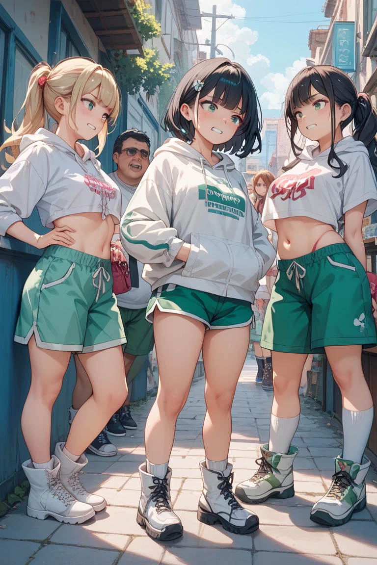 Browsing Caution,((Perfect Anatomy:1.5,Realistic,:1.3,RAW Photos:1.3,masterpiece、Highest quality、Ultra - High resolution、High resolution、Extremely detailed CG、8k)),Cowboy Shot,1 female,alone,20 year old beauty,(Beautiful and exquisite face and eyes,Big and beautiful eyes),Bright green eyes,(Blonde,ponytail,Long Hair,bangs),(Medium chest,Slender body,Small Head,skinny, Glowing Skin,Oily skin,Glowing Skin),Are standing,((Light green hooded sweatshirt,Oversized hooded sweatshirt,Long sleeve,black_Knee socks,White panties:1.2、Love Juice)),Station platform、A large number of people々、Shibuya Station、Tokyo、