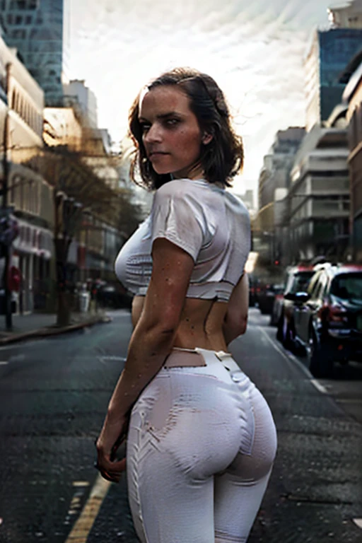 Very beautiful girl 20 years old, with an amazing athletic figure, bodybuilder body, with big round breasts and big round booty, wide hips, in a super tight white bra and thong made of ultra thin fabric, stands with his back to the viewer, street, palm trees, rain, stands tall, looks seductively at the viewer and smiles, she has bright red hair, beautiful earrings, very detailed face and skin, masterpiece, HDR, 4k, best quality