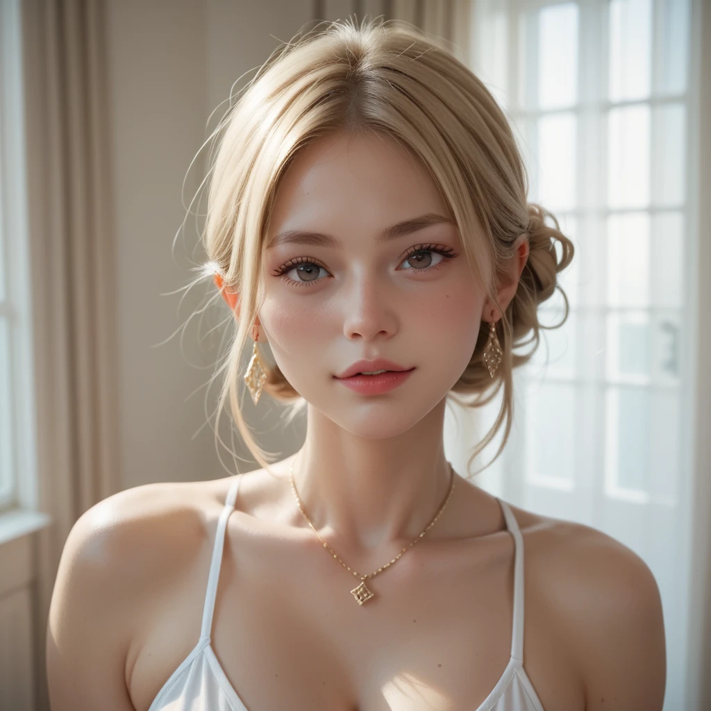 (tmasterpiece:1.2), (best qualtiy:1.2), perfect eyes, s the perfect face, Volumetriclighting, 1girll, Vintage sexy mature, , gossamer dress,Clothes open, blond hairbl, pauldrons, Top employees, stern expression, fanciful, exteriors, detailed back ground, putting makeup on, lipsticks, eye shadows, mascara, thick eyeslashes,full bodyesbian,embarressed,