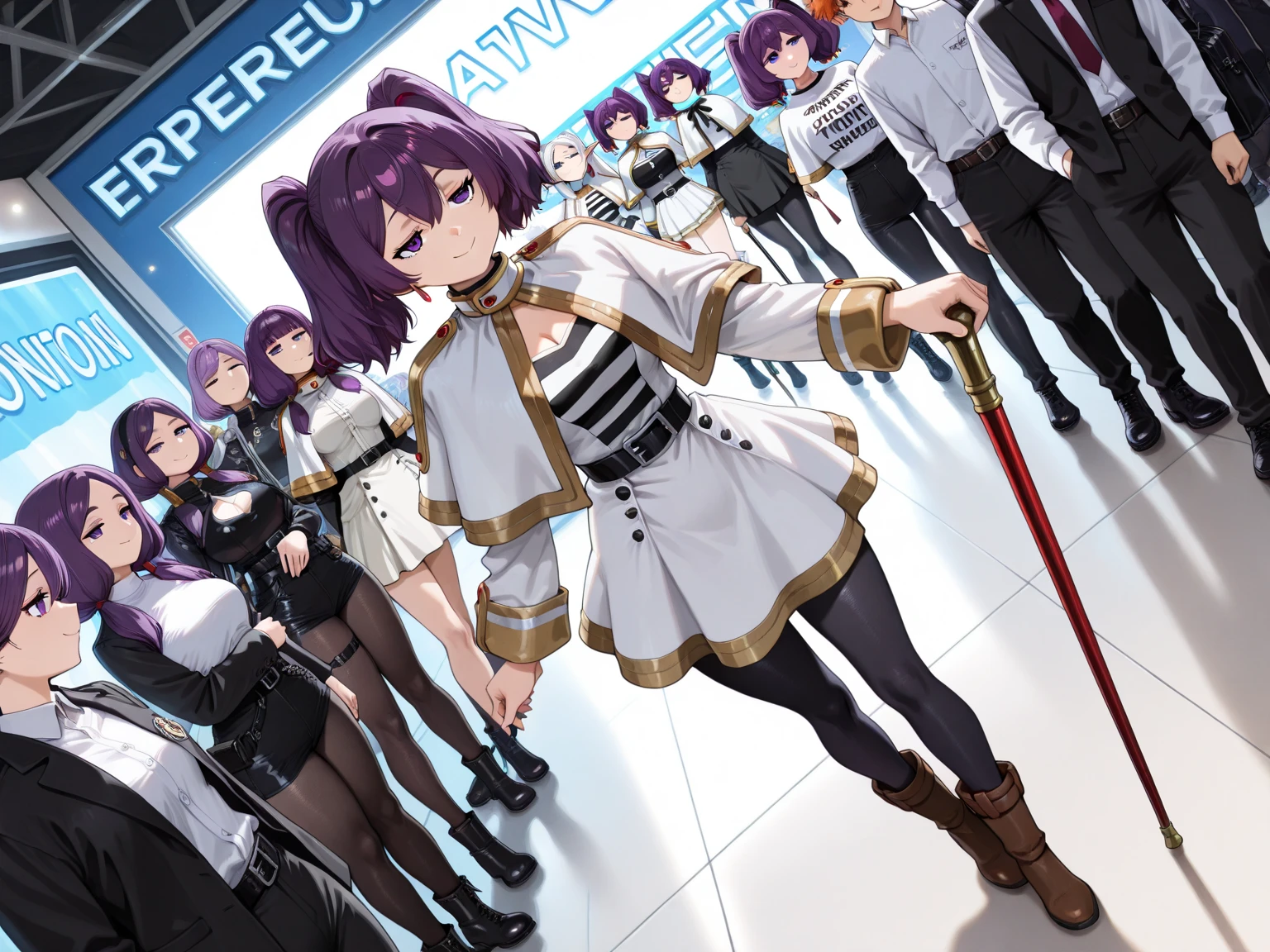 1 beautiful woman, solo, (incredible high resolution, masterpiece, highest quality, highly detailed, CG, high quality anime drawing, official style), (Frieren cosplay, white capelet, white shirt, belt, white skirt, black pantyhose, boots, holding a cane), (purple hair, long pigtails reaching the waist, purple eyes, jitome: 1.2, beautiful legs, perfect female proportions, attractive proportions), (joyful smile, model pose), (full body image, background: comic convention venue, cosplay venue, comic convention participants, merchandise booth, people around taking pictures of the woman, super beautiful detailed background, sexy cutout, dynamic angle, strong lighting that highlights the character's figure and the texture of the dress)
