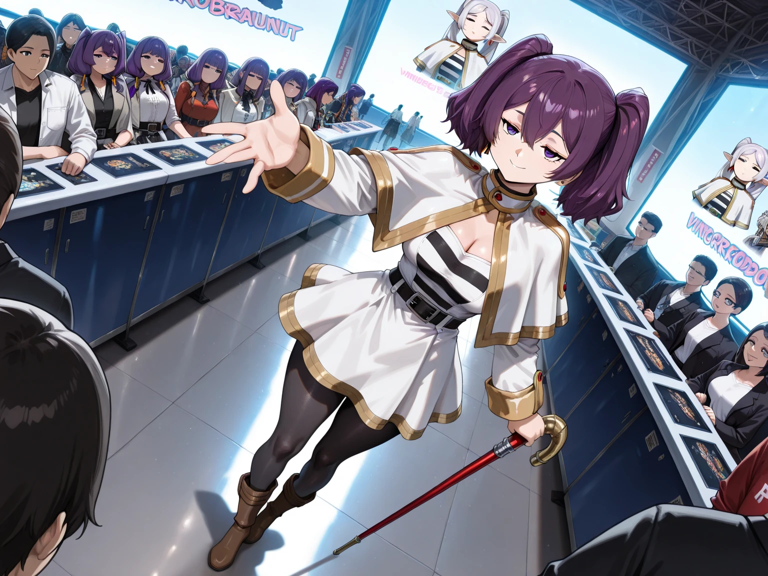 1 beautiful woman, solo, (incredible high resolution, masterpiece, highest quality, highly detailed, CG, high quality anime drawing, official style), (Frieren cosplay, white capelet, white shirt, belt, white skirt, black pantyhose, boots, holding a cane), (purple hair, long pigtails reaching the waist, purple eyes, jitome: 1.2, beautiful legs, perfect female proportions, attractive proportions), (joyful smile, model pose), (full body image, background: comic convention venue, cosplay venue, comic convention participants, merchandise booth, people around taking pictures of the woman, super beautiful detailed background, sexy cutout, dynamic angle, strong lighting that highlights the character's figure and the texture of the dress)