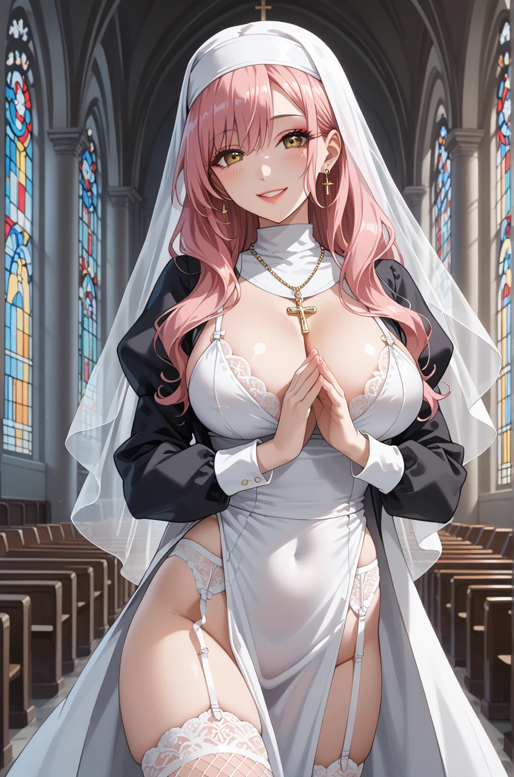(RAW photo:1.2), ((photorealistic:1.4),(masterpiece:1.3),(best quality:1.4),ultra high res,(detailed facial features),(detailed body features),HDR,8k resolution, 1 girl, blush, light pink hair, 8k, ultra high details, perfect nose, blush, church background, wedding, fucking pussy, riding penis, nsfw, short hair , nude, woman on top, perfect tits