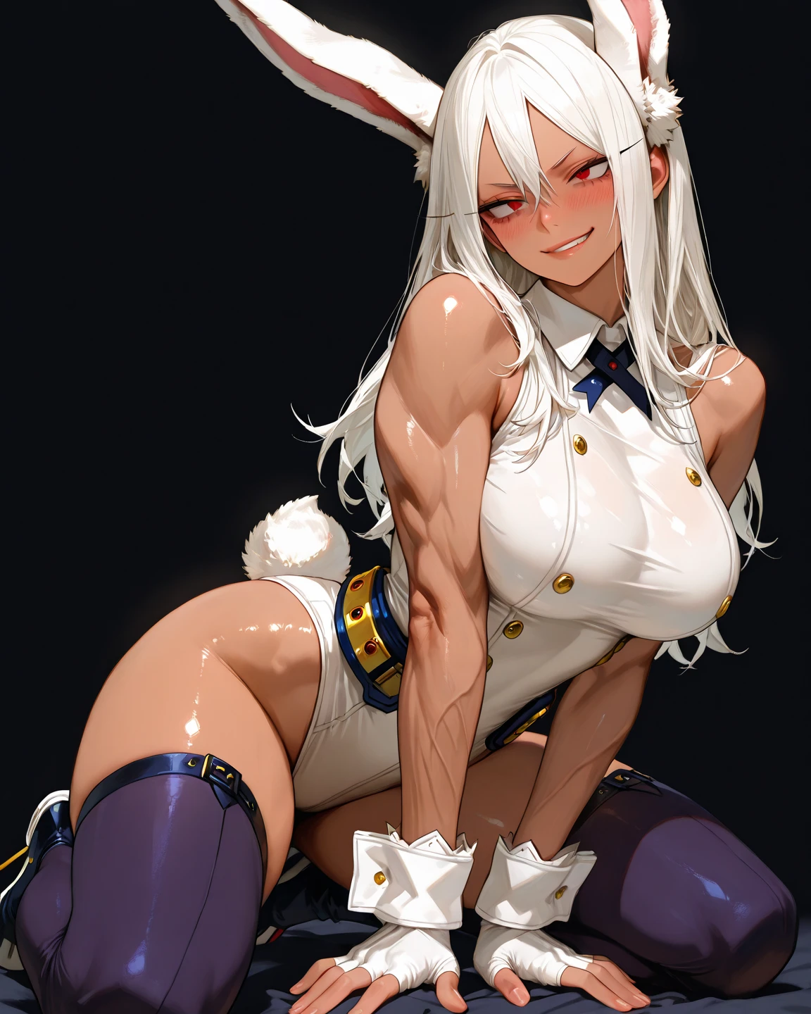 1 dark skinned girl, futuristic mech pilot, topless, no panties, huge breasts, mech pilot base, very fit, humanoid mecha in background, very sweaty, small waist with big bubble butt, smiling for a photo, cameltoe pussy, very long pigtails, white hair, spreading ass with no panties, zoom in on ass, ass fills frame