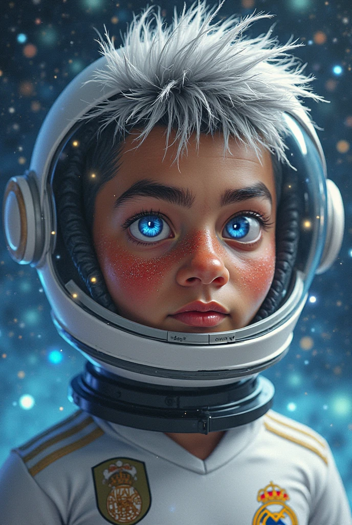 3D chibi anime style, Full body man, YOUNG, light skinned, with light blue eyes and long hair, wearing an astronaut suit with neon colors. He has an angel halo with unusual shapes above his head and is floating in space. In the background there are bright stars, spiral galaxies and several planets of different sizes and colors. Make sure the hands have good details and the image is a little more realistic.