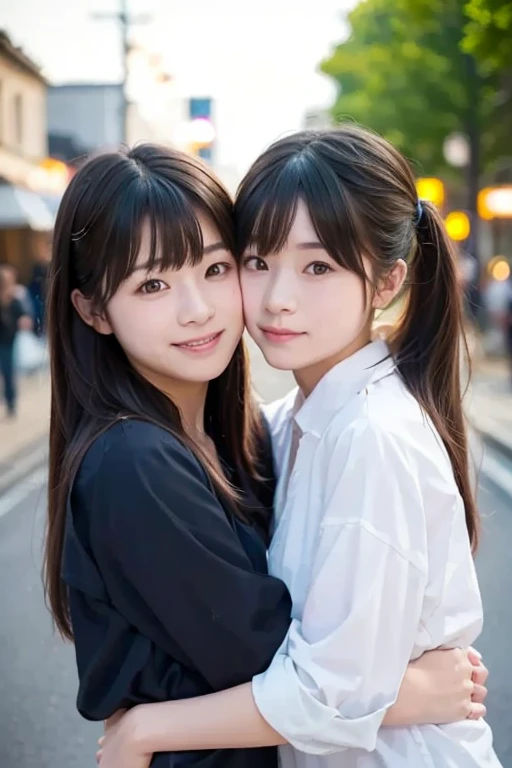 Best quality, high resolution, two girls, heads together, hug, eyes closed, 20 years old, Japanese, beautiful, pretty face, cute face, night cityscape, Short sleeve