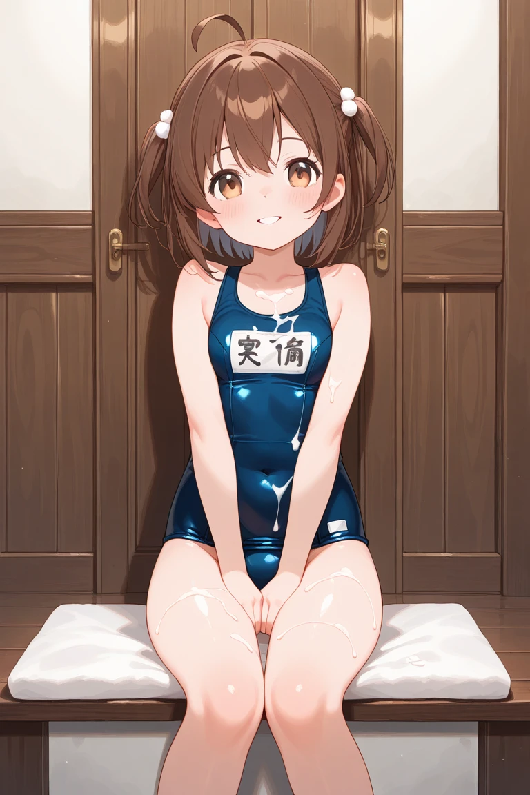(masterpiece:1.3), (ultra detailed:1.2), beautiful detailed eyes, ultra-detailed,
ceiling, sit astride, girl on top,
very long twin tails, brown hair,
flat_chest,
((school swimsuit)), Highly detailed glossy skin, Dark blue one-piece swimsuit, (Swimsuit with wet and shiny details: 1.2),
Wet and shiny thighs, evil grin, Crab crotch, Extensive_feet,