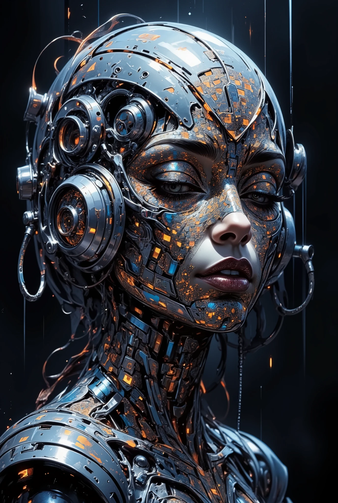 Head of a woman half sideways with a slight smile, composed entirely of small glass cubes. View from below, eyes closed. The character's head is wearing stylish headphones. Digital painting in style: Techno-Style, Cyberpunk Noir.