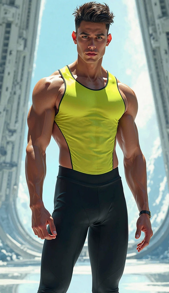 (masterpiece)8K分辨率、top-quality、Handsome young man sweating in gym、blonde pixie cut、green colored eyes、Model style、Outfits that fit the gym、elegent、anime styled